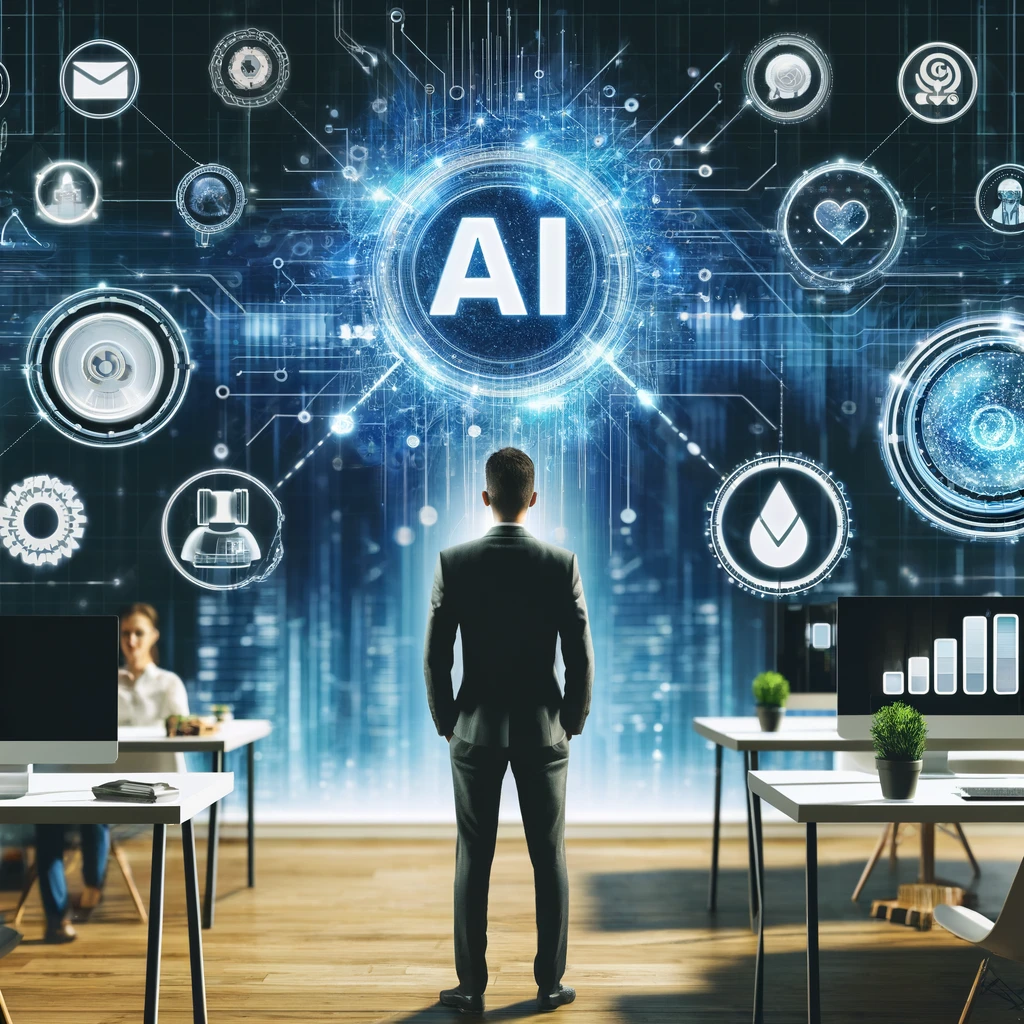 AI in marketing: A professional marketer interacts with a futuristic dashboard displaying data analytics and AI tools. Background graphics illustrate data flow and connections in digital marketing, highlighting AI's role in personalized marketing strategies and content creation.